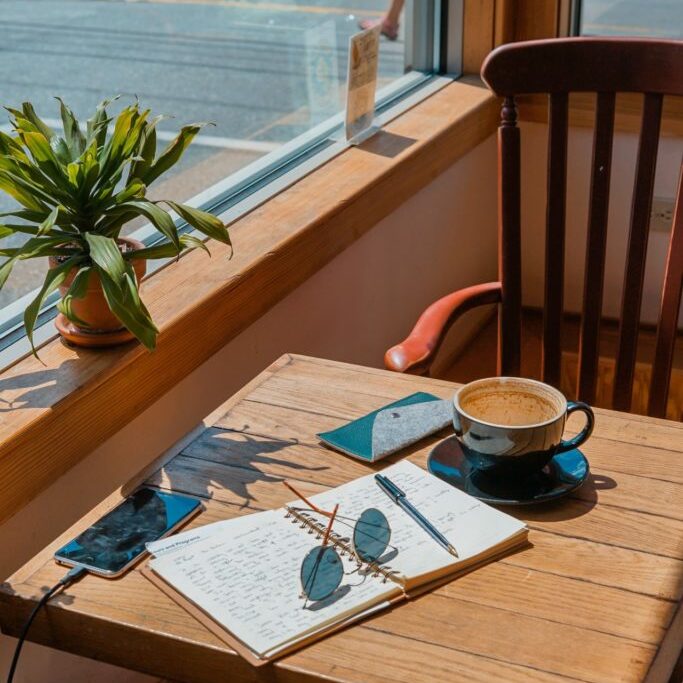 Image of a cozy cafe table by a window.